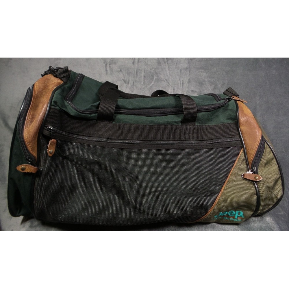 Vintage Jeep Motors Travel Equipment Duffel Bag Green Brown 90s Patch Logo Gym